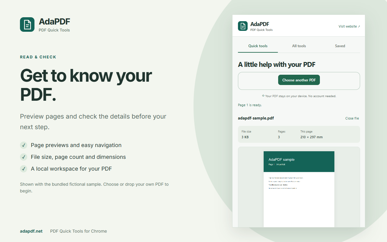 AdaPDF Chrome side panel showing the sample PDF, page count, file size and page dimensions